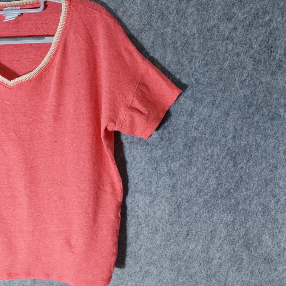 Chicos Women 100% Linen Top 1 M Pink Coastal MinimalistMetallic Trim Short Slve - Picture 3 of 9